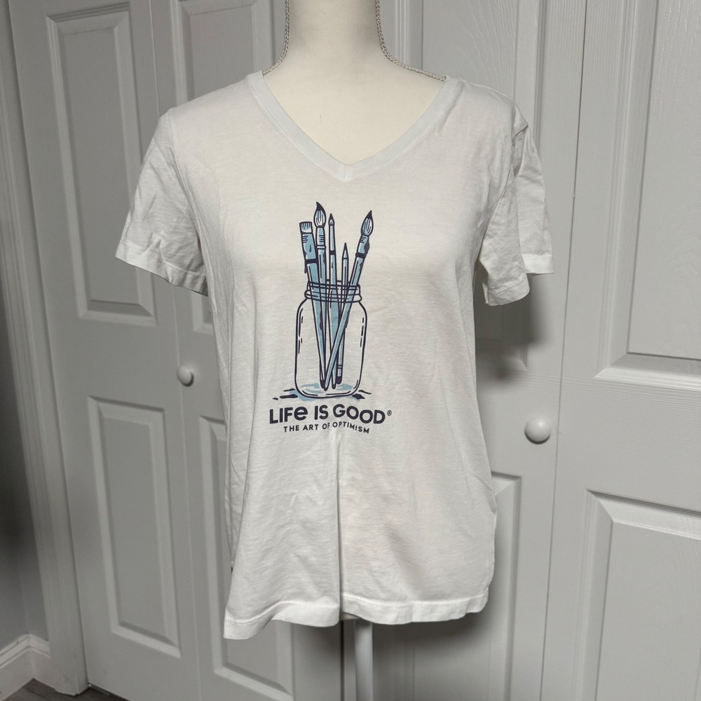 Life is Good Womens Crusher Tee White V-Neck Paintbrush Graphic Shirt Size M